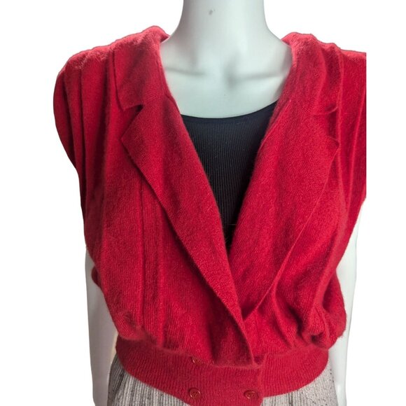 VTG 80's Red Lambswool & Rabbit Fur Sweater Vest w/ Double-Breasted Buttons Sz P - Picture 3 of 10